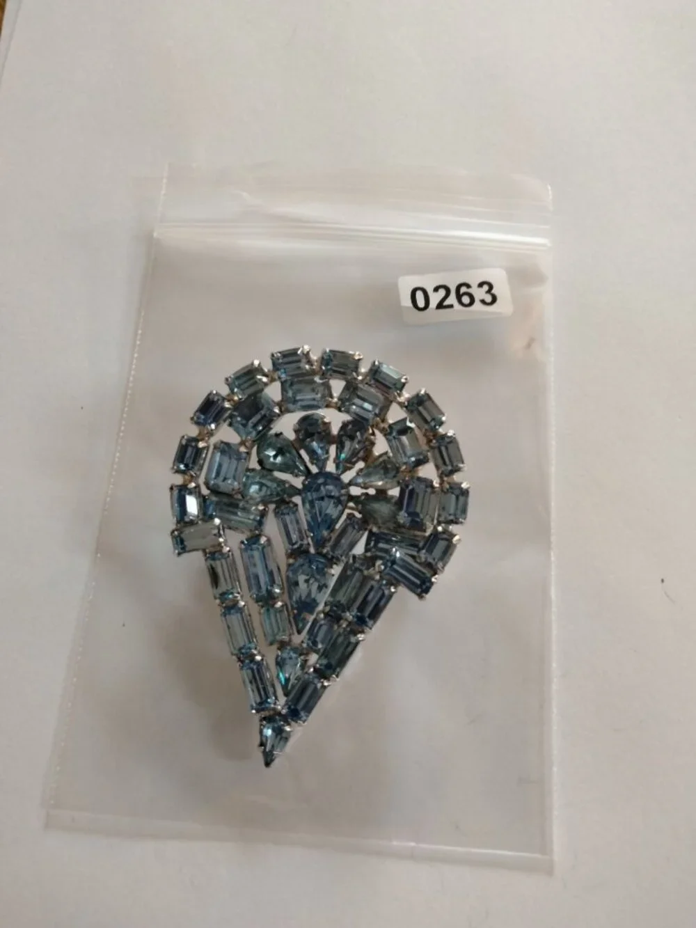 Vintage Blue Rhinestone Brooch Art Deco Style Baguette Teardrop Statement Pin